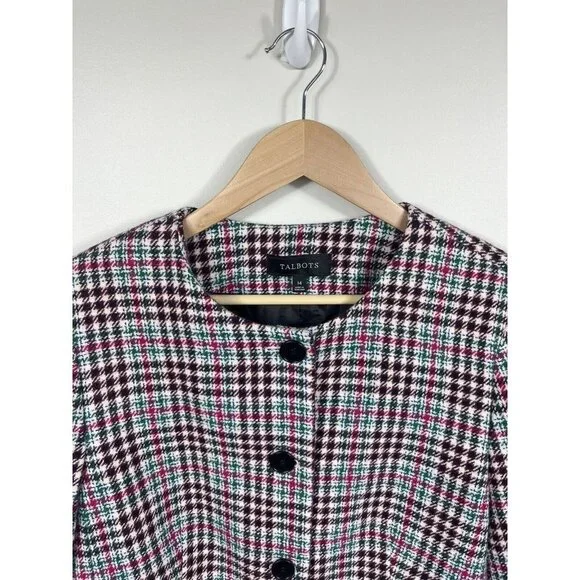 Talbots Blazer Womens 14 Pink Green Blue Houndstooth Collarless Wool Pockets - Picture 3 of 12